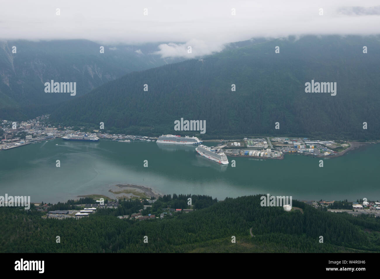 Aerial view of Norwegian Joy and other cruise ships in Juneau, Alaska. Stock Photo
