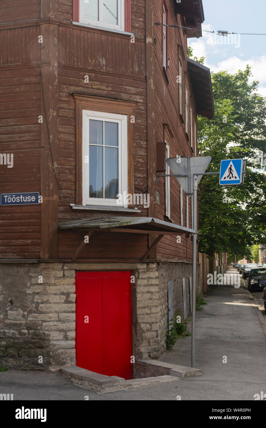 Red door at Tööstuse and Salme street corner in Kalamaja Tallinn Estonia Stock Photo