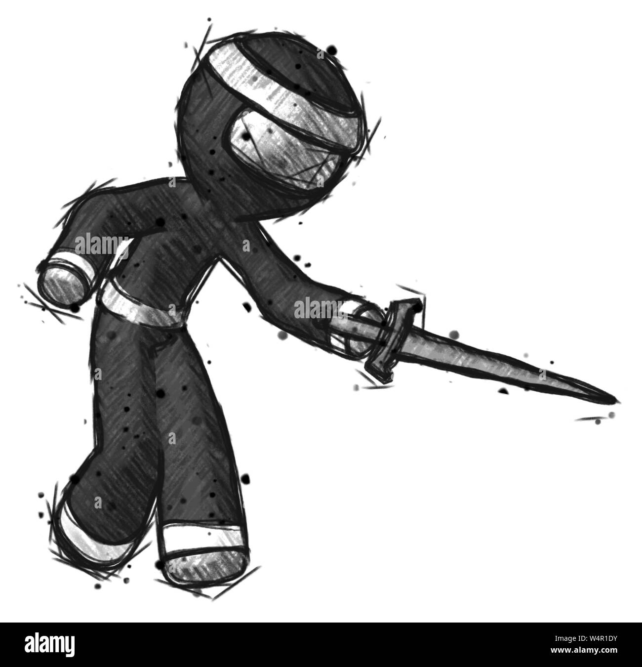 Sketch ninja warrior man sword pose stabbing or jabbing. Stock Photo