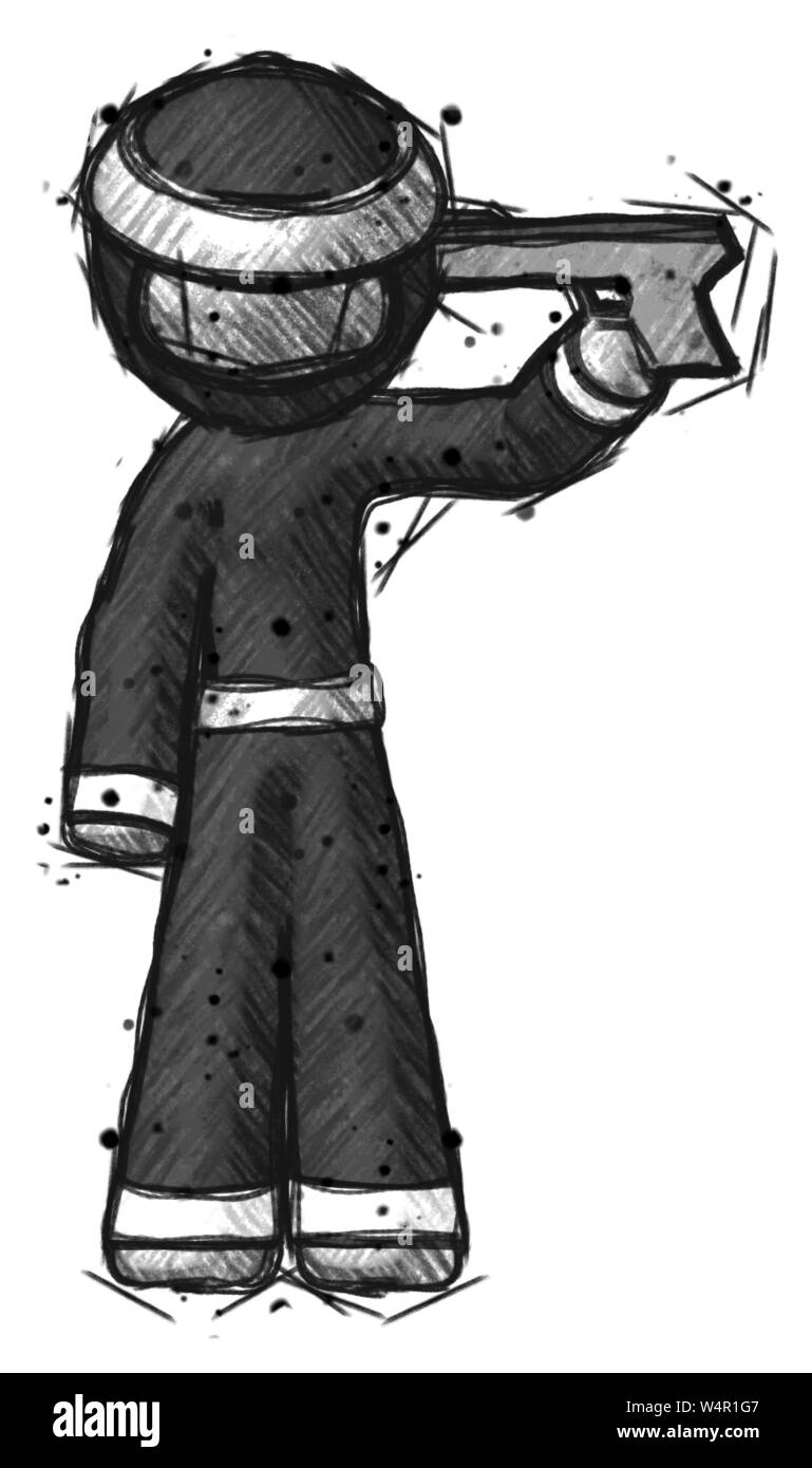 Sketch ninja warrior man suicide gun pose. Stock Photo