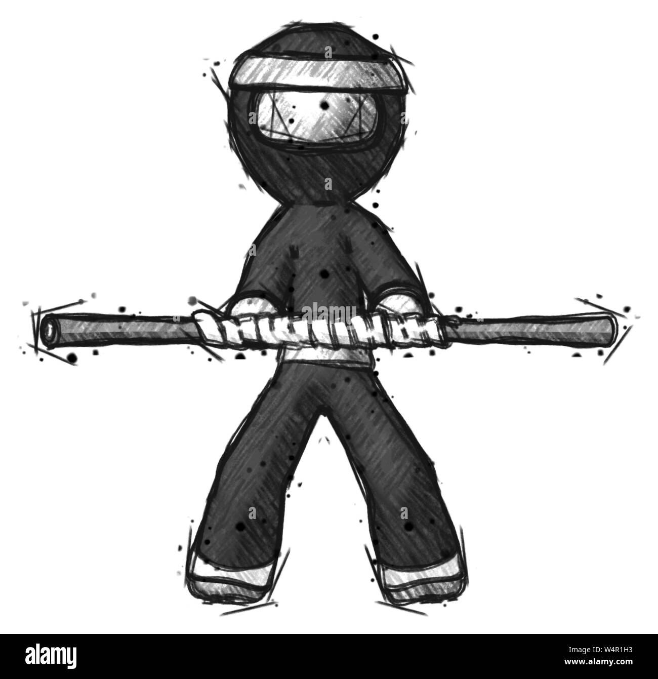 Sketch ninja warrior man bo staff kung fu defense pose. Stock Photo