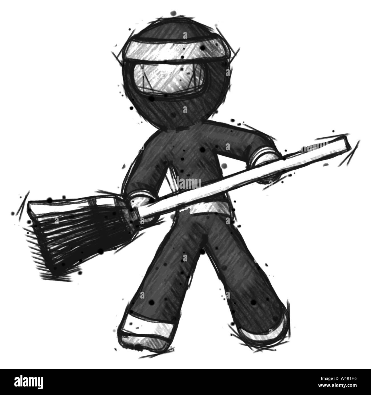 Sketch ninja warrior man broom fighter defense pose. Stock Photo