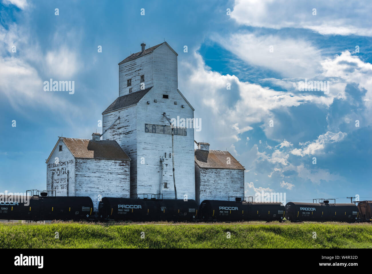 Pennant, SK/Canada July 23, 2019 Storm clouds around the abandoned