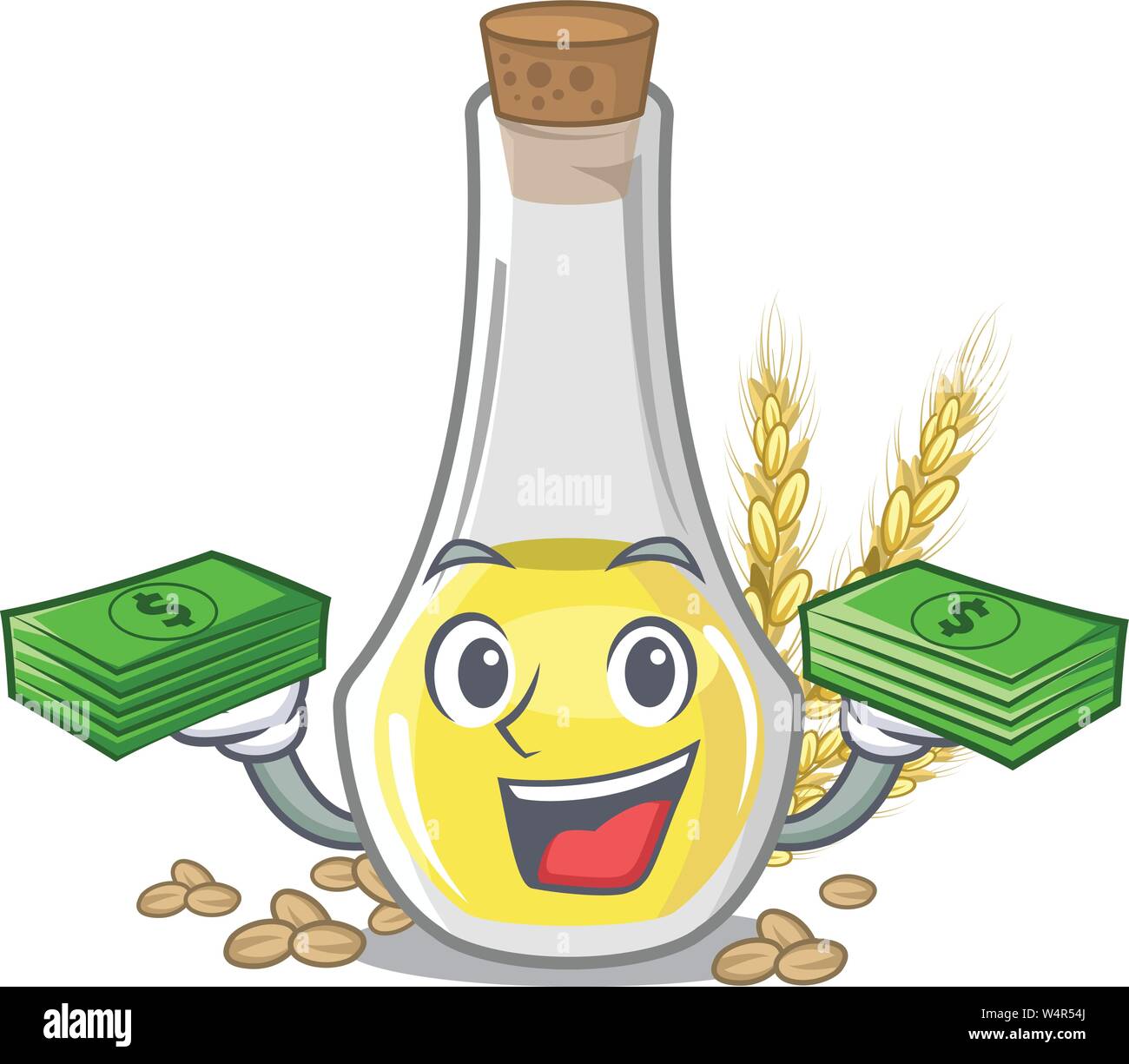 With money bag wheat germ oil in a cartoon vector illustration Stock Vector