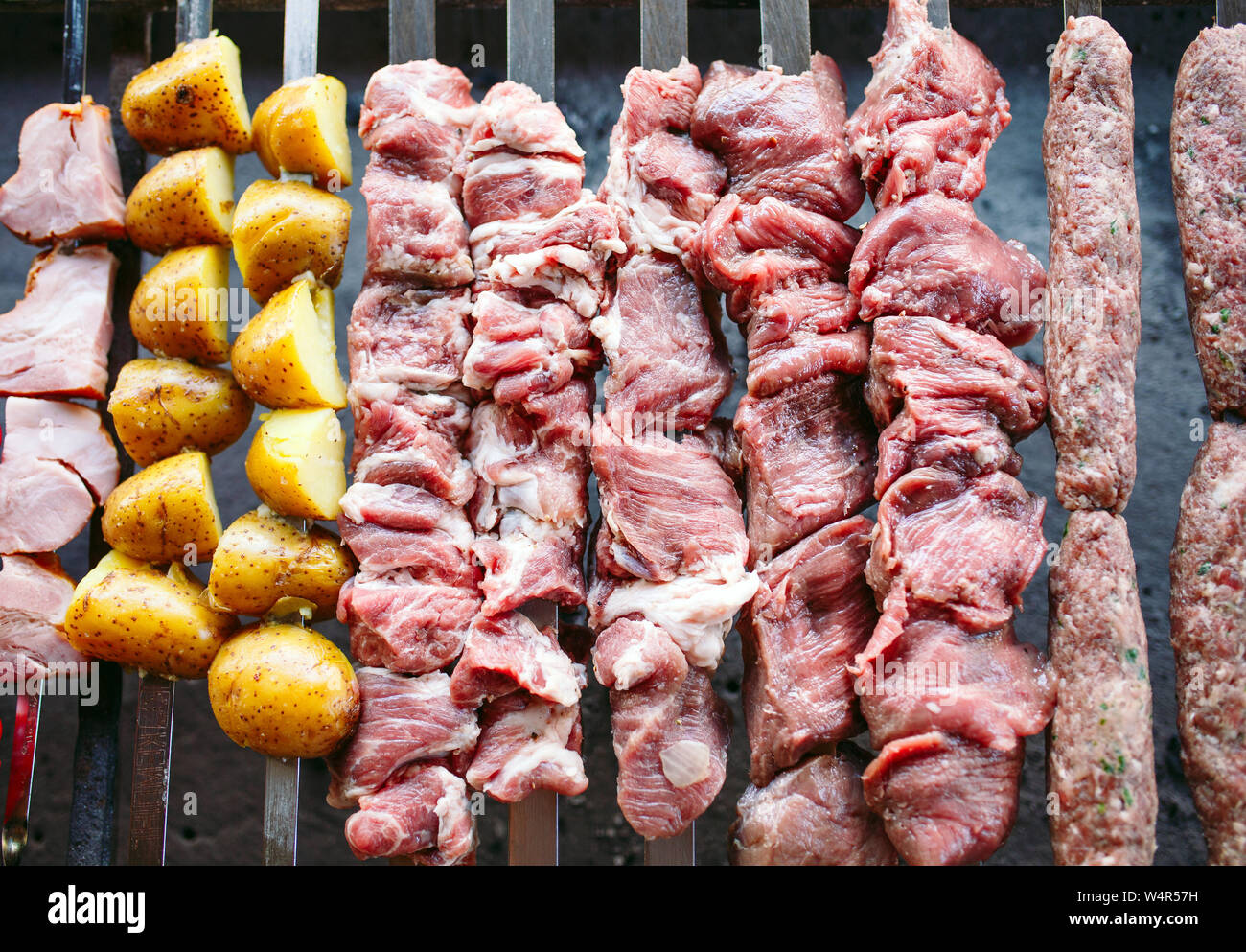 Barbecue from different types of meat in the restaurant on the