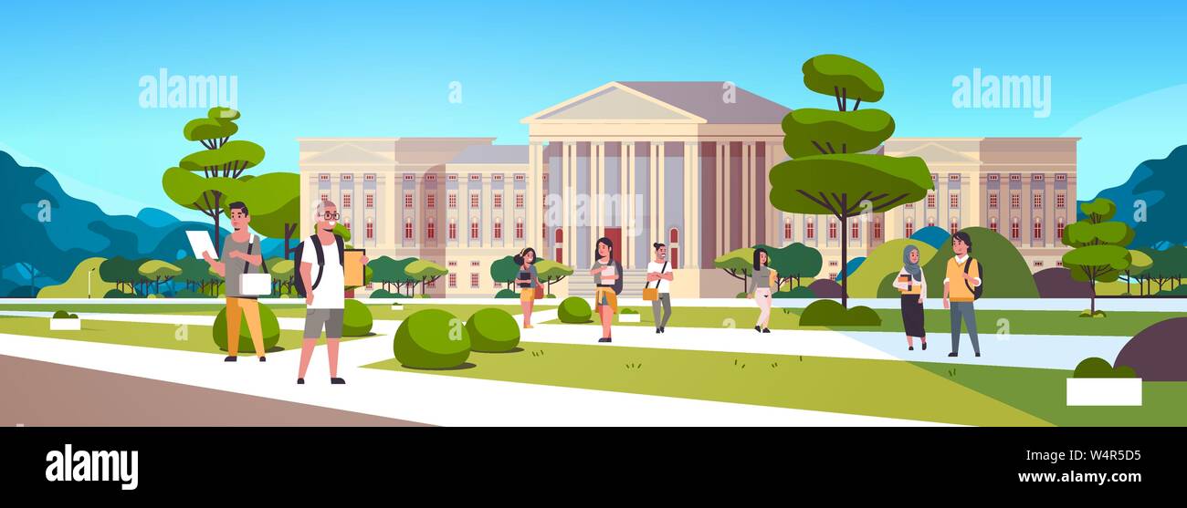 young mix race students group at campus yard education concept college friends relaxing and walking in front of university building exterior Stock Vector