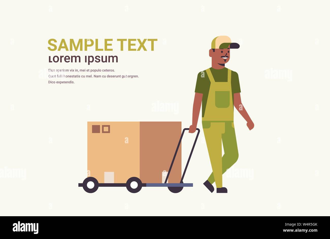 courier in uniform pushing trolley with cardboard box package mail express delivery service concept african american worker with hand truck flat full Stock Vector