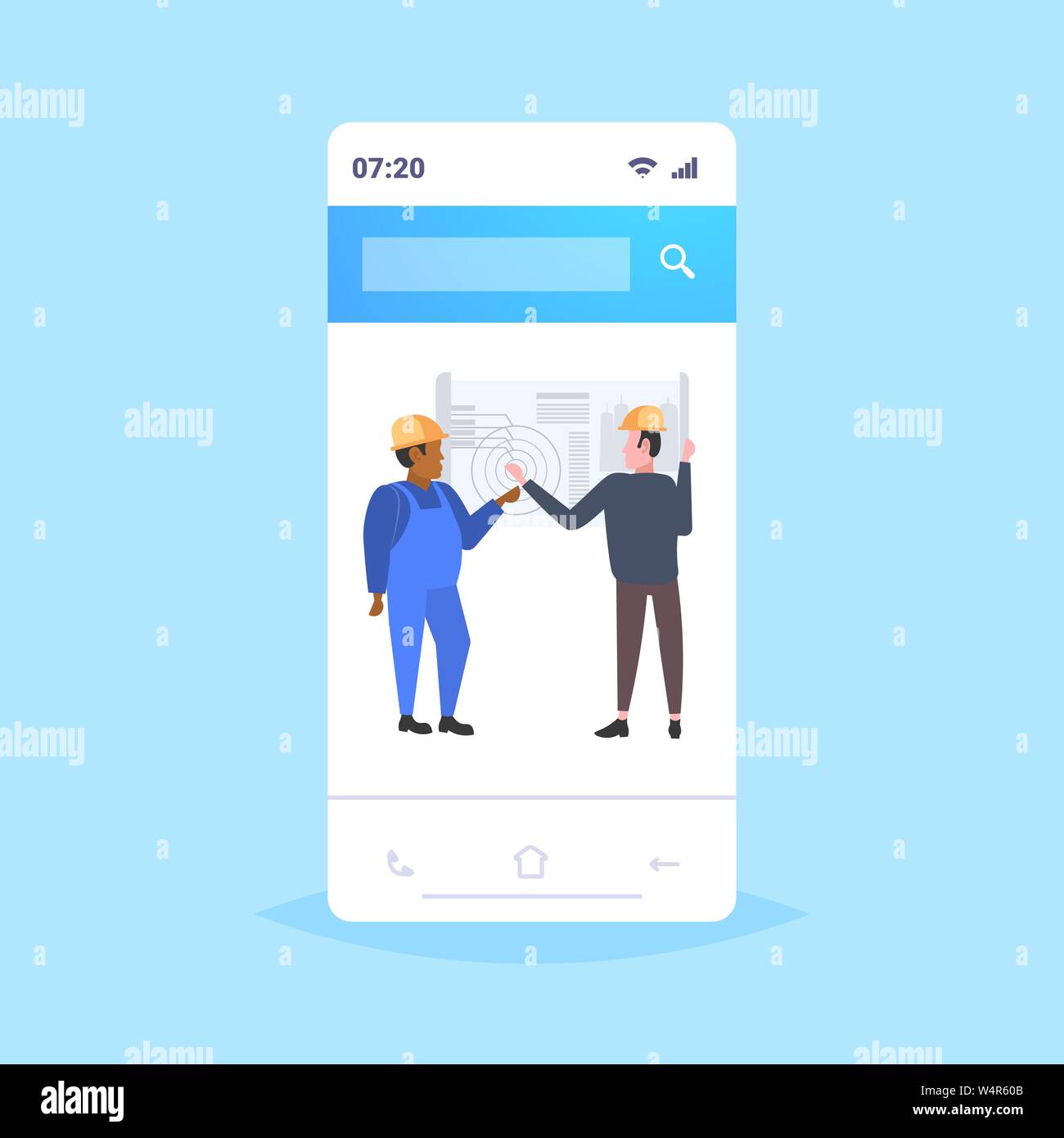 architects couple working with blueprint mix race engineers team discussing new building project during meeting industrial technicians teamwork Stock Vector