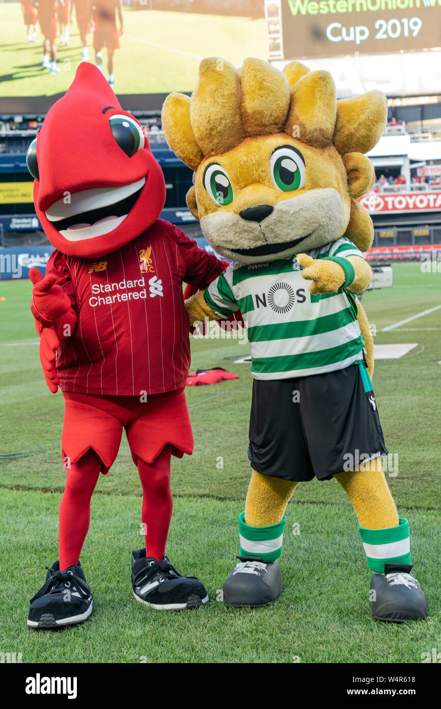 New York, NY - July 24, 2019: Liverpool FC mascot Mighty Red & Sporting CP Lion Jubas as seen on the pitch before pre-season game against Sporting CP at Yankee stadium Game ended in draw 2 - 2 Stock Photo