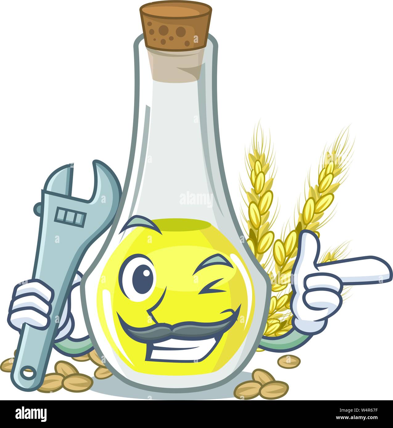 Mechanic wheat germ oil at cartoon table vector illustration Stock Vector