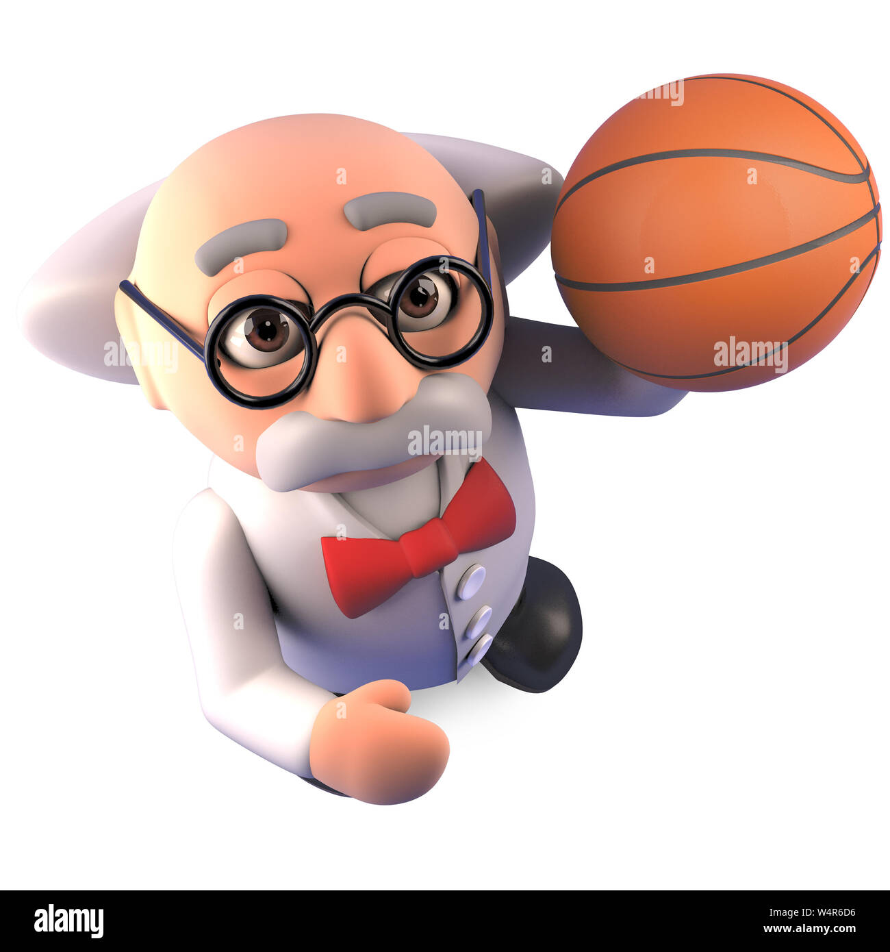 Mad scientist professor shoots a few hoops with his basketball when thinking, 3d illustration render Stock Photo