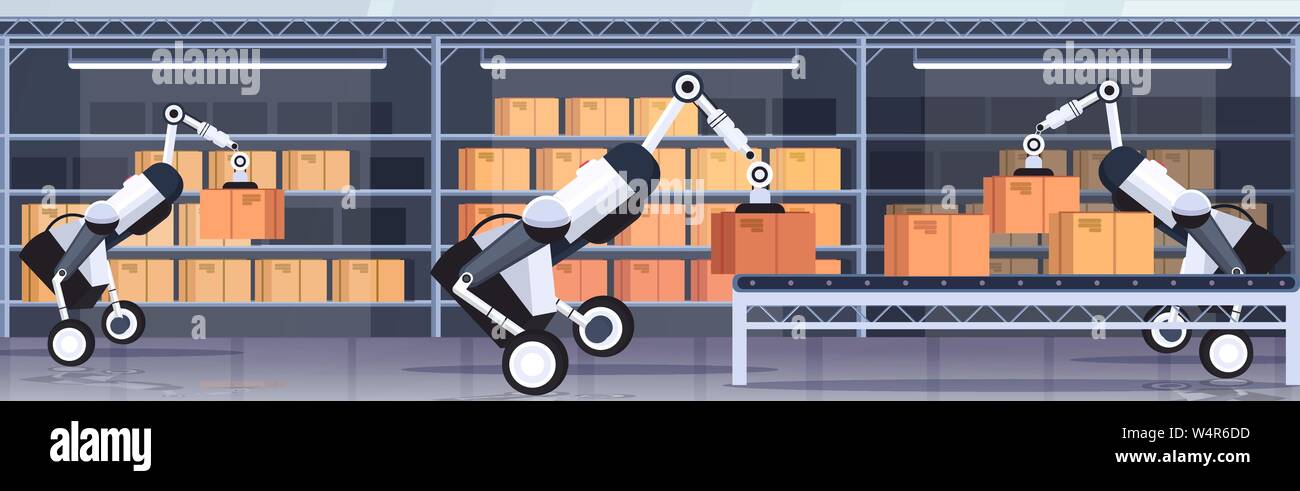 robotic workers loading cardboard boxes hi-tech smart factory robot artificial intelligence logistics automation technology concept modern warehouse Stock Vector