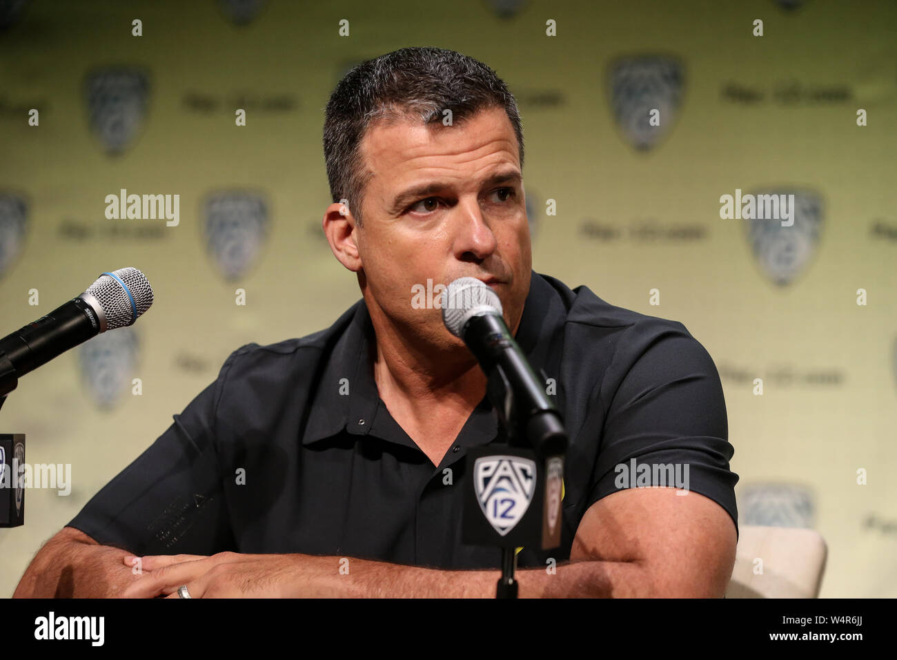 Hollywood CA. 24th July, 2019. Oregon Ducks coach Mario Cristobal during the PAC-12 Media Day at the Ray Dolby Ballroom located within Hollywood & Highlands (Photo by Jevone Moore) Credit: csm/Alamy Live News Stock Photo