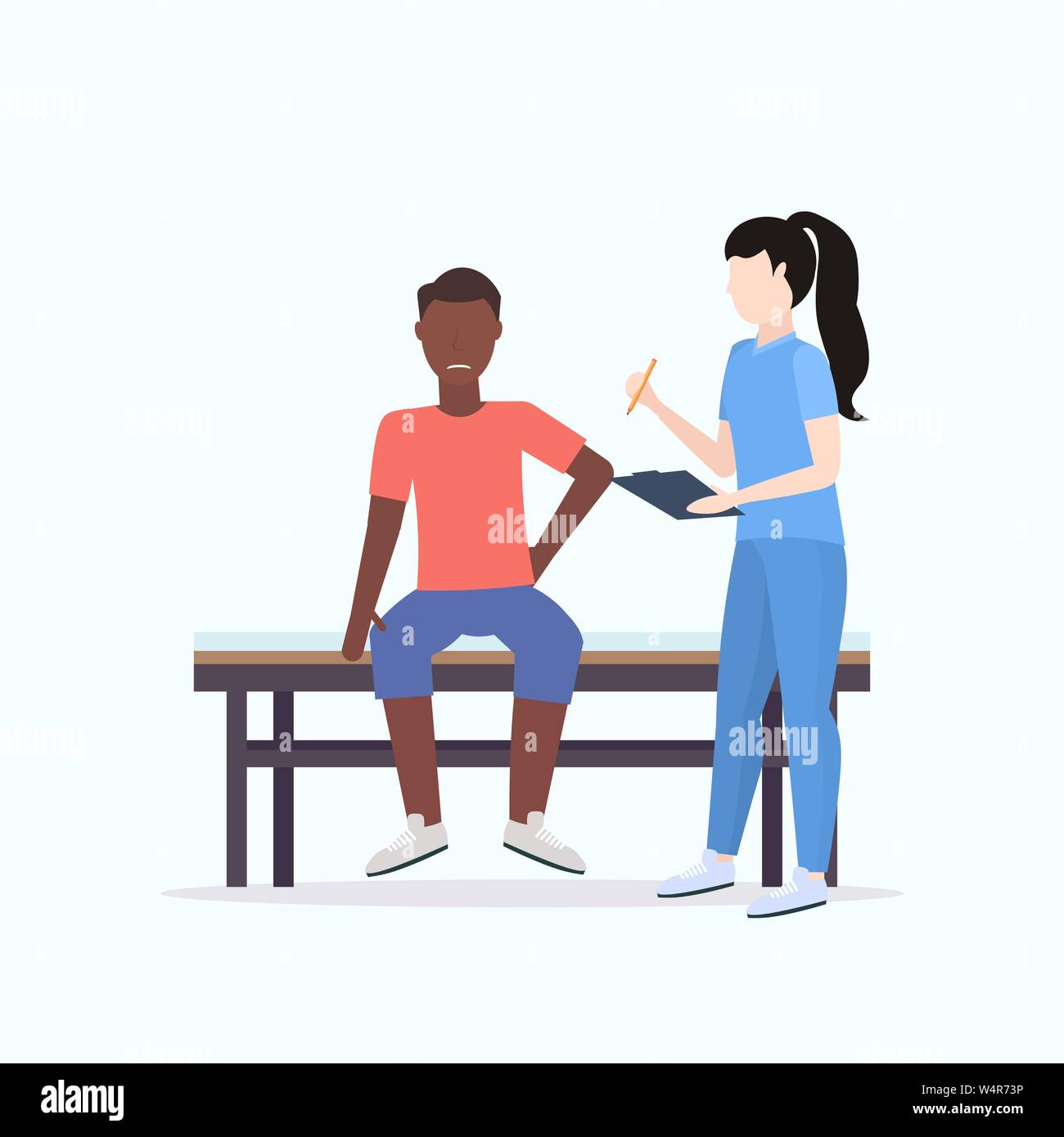 doctor holding clipboard female therapist consulting injured african american male patient sitting on bed manual sport physical therapy concept full Stock Vector