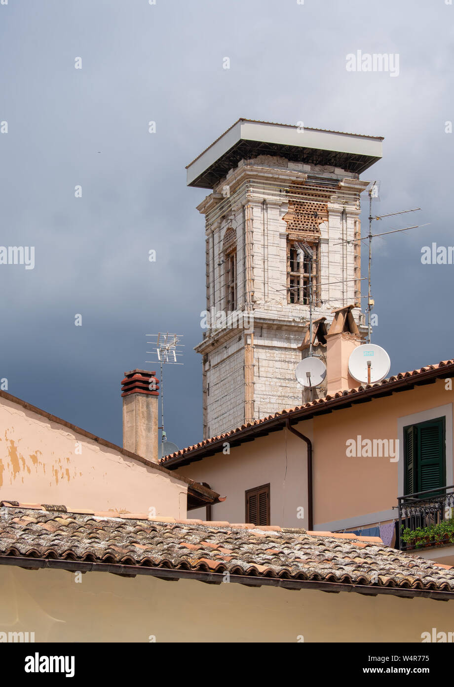 NORCIA, ITALY JULY 13, 2019: Three years after the devastating earthquake, much work still needs to be done in the area. Tower still to be mended. Stock Photo