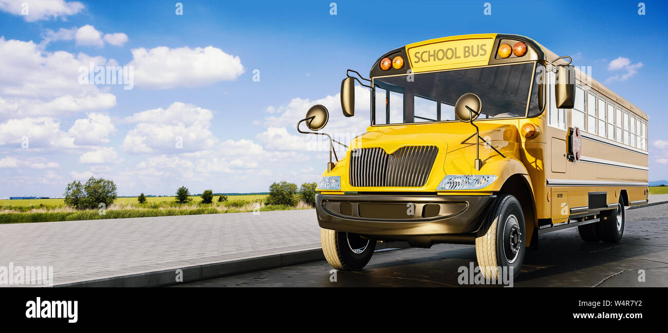 School bus driving on the road, concept of going back to school, beautiful sunny day, 3d rendering Stock Photo