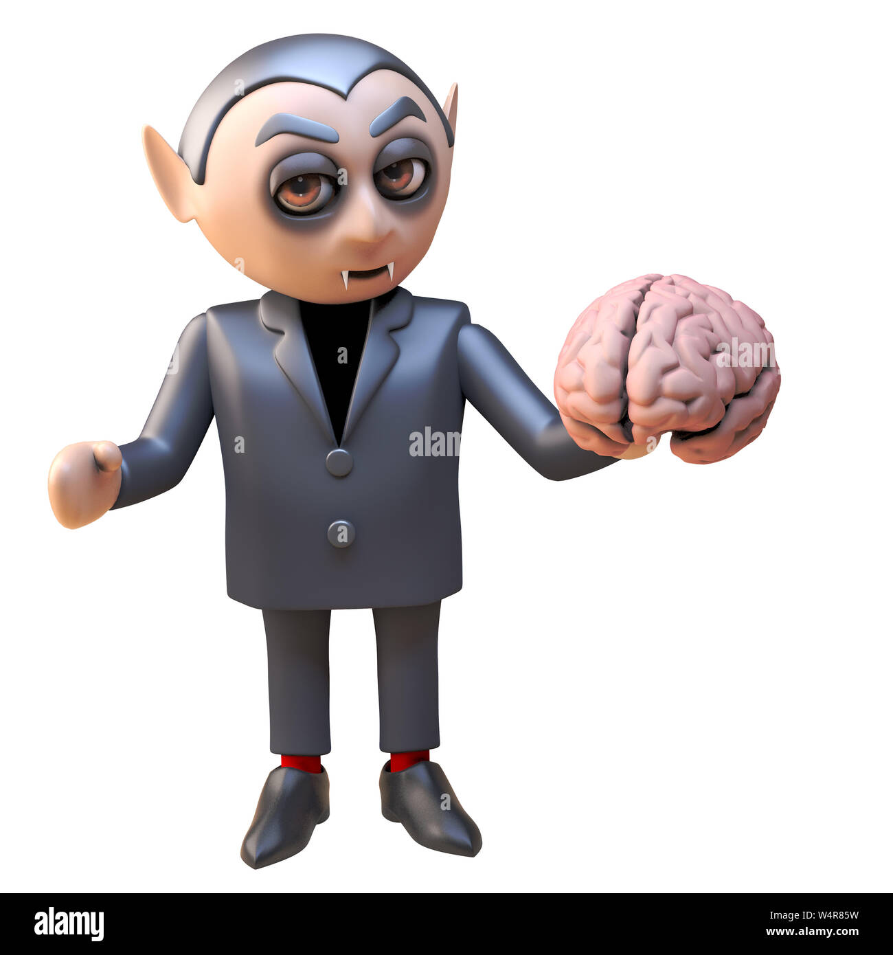 Dark lord vampire dracula 3d character holding a human brain, 3d