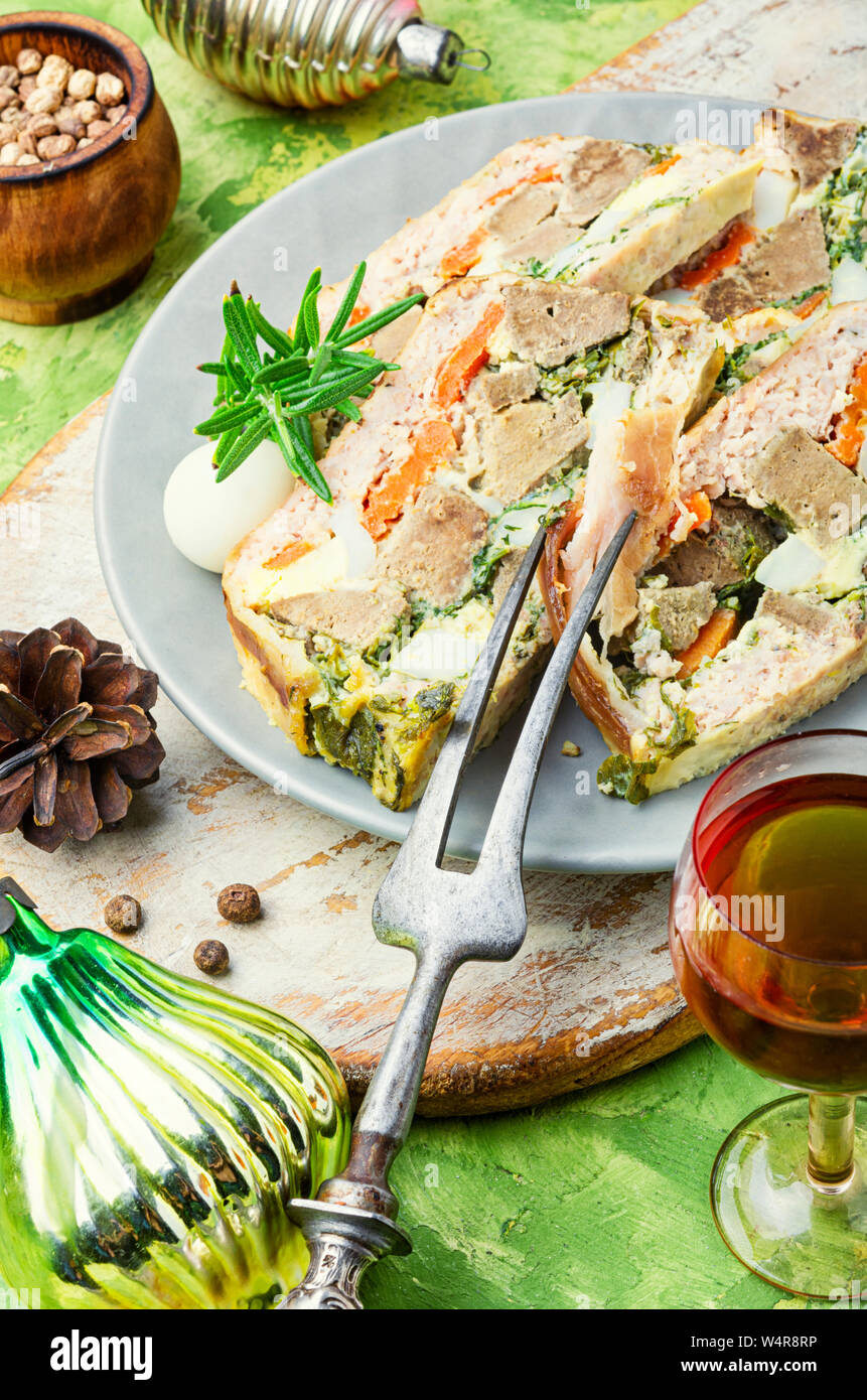 French food.Baked turkey meat.Christmas traditional beef liver terrine
