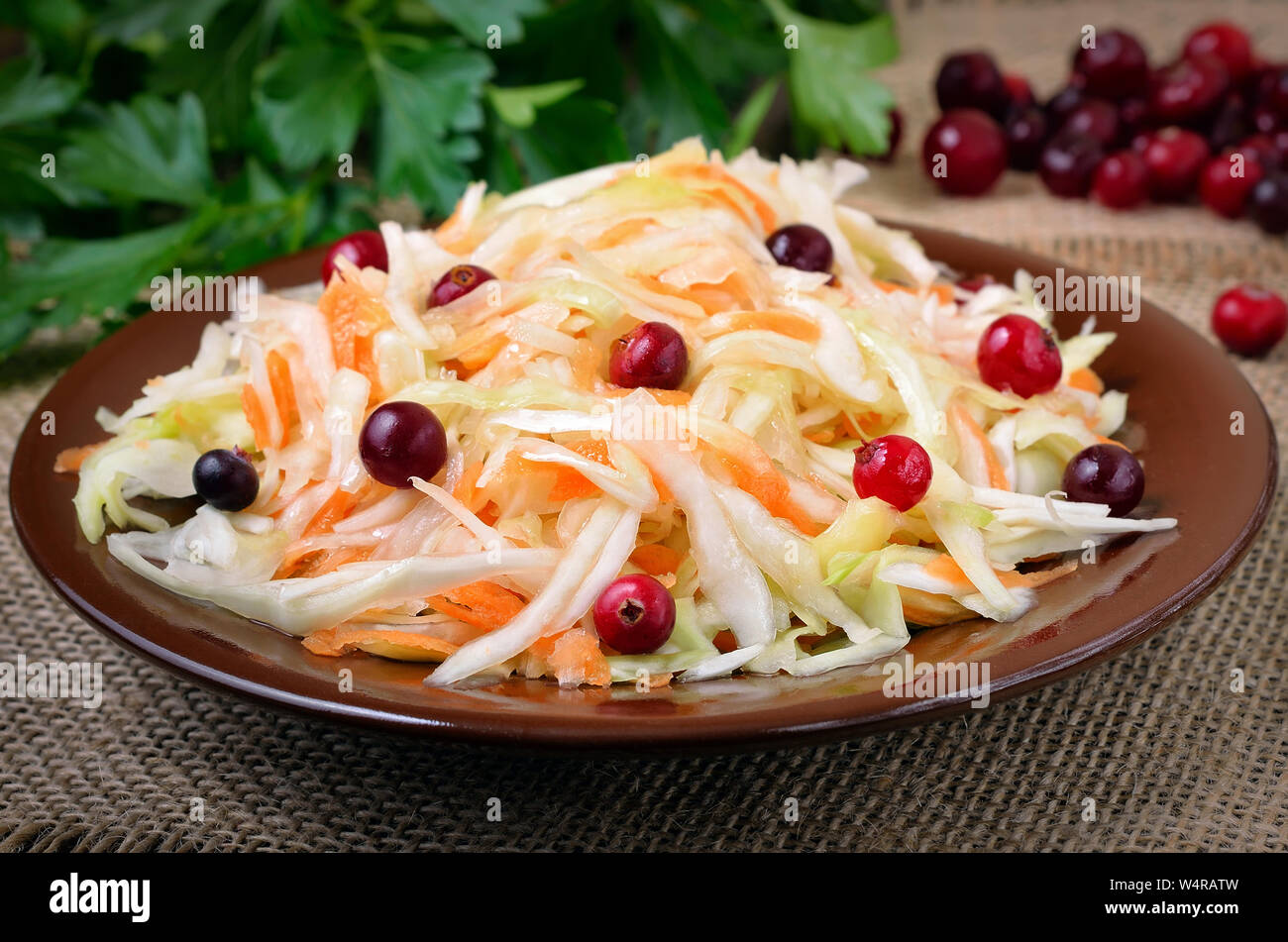 Cabbage salad with cranberries on ceramic plate, close up view Stock Photo