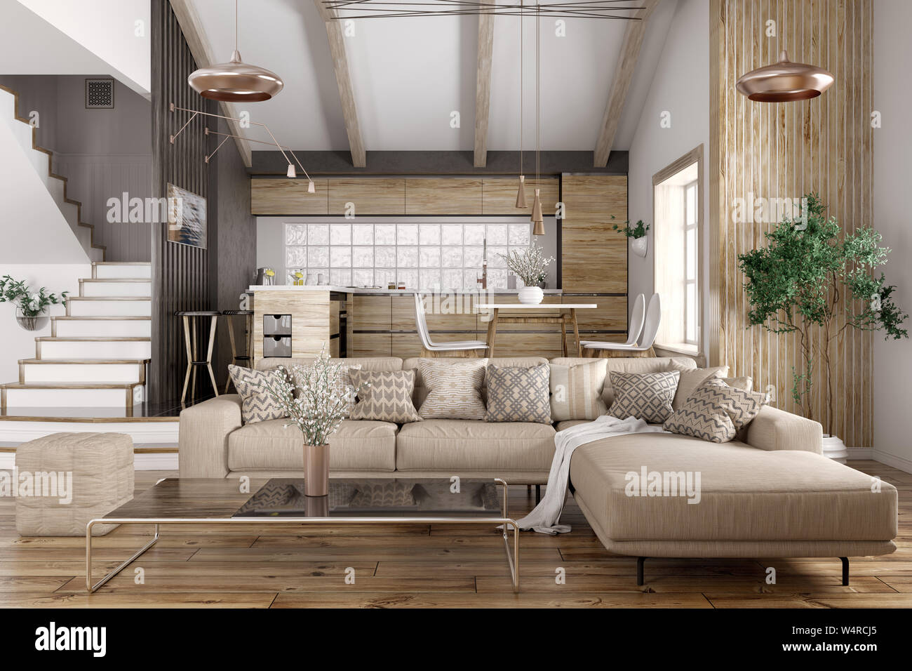 Modern interior of house, kitchen, living room with sofa, staircase 3d ...