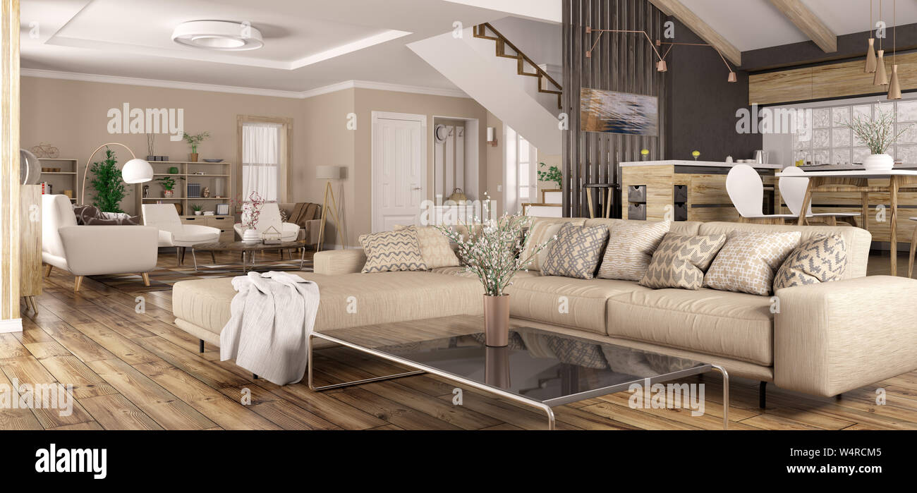 Modern interior design of house, kitchen, living room with sofa, hall ...
