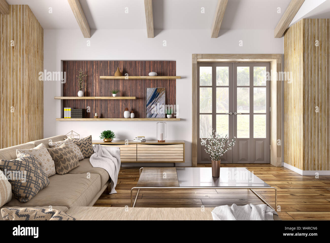 Modern interior design of house, living room with beige sofa, door ...