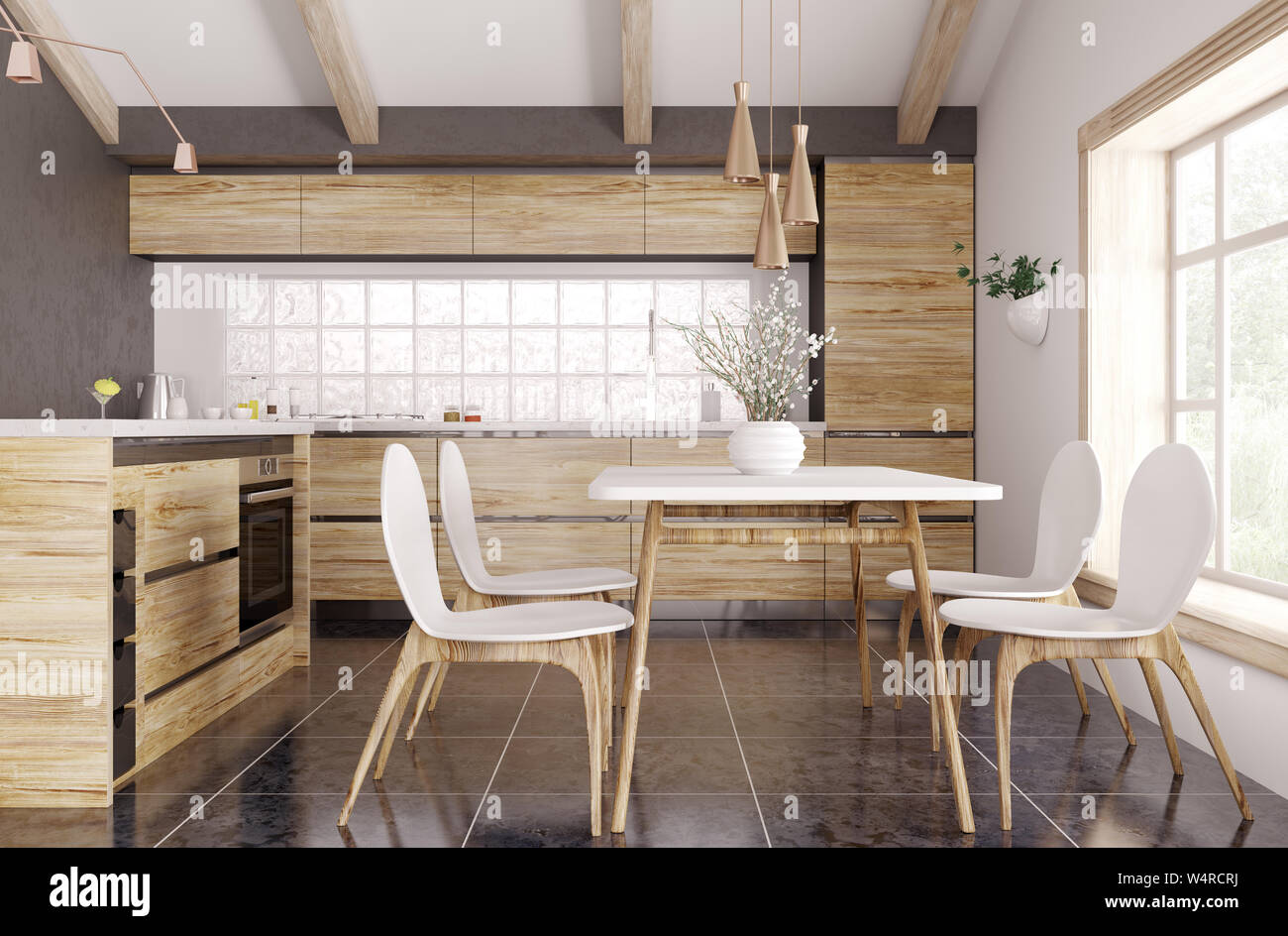 Modern interior of wooden kitchen with window, yellow and white table ...