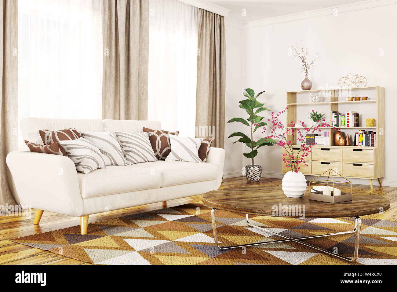 Modern interior of living room with white sofa and coffee table 3d ...