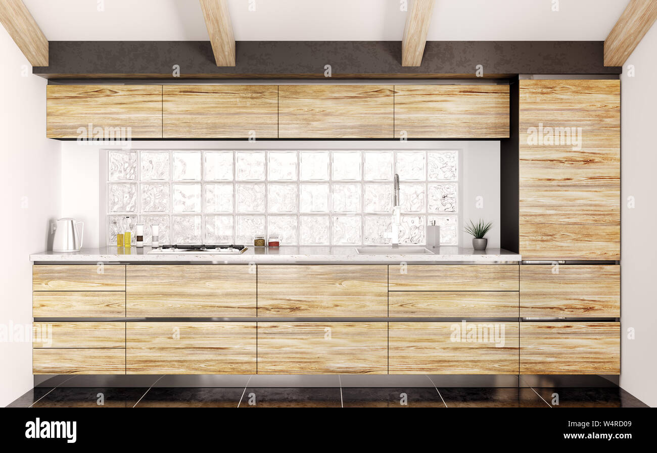Modern wooden kitchen with white stone counter interior 3d rendering Stock Photo