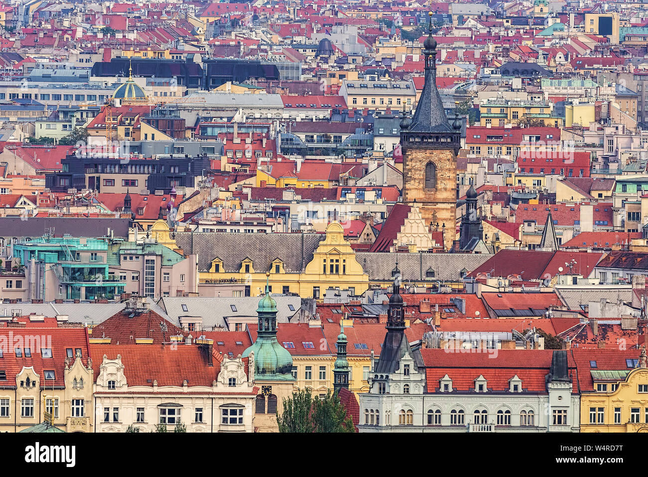 Prague cityscape, roofs and towers, architecture backgroung. Stock Photo