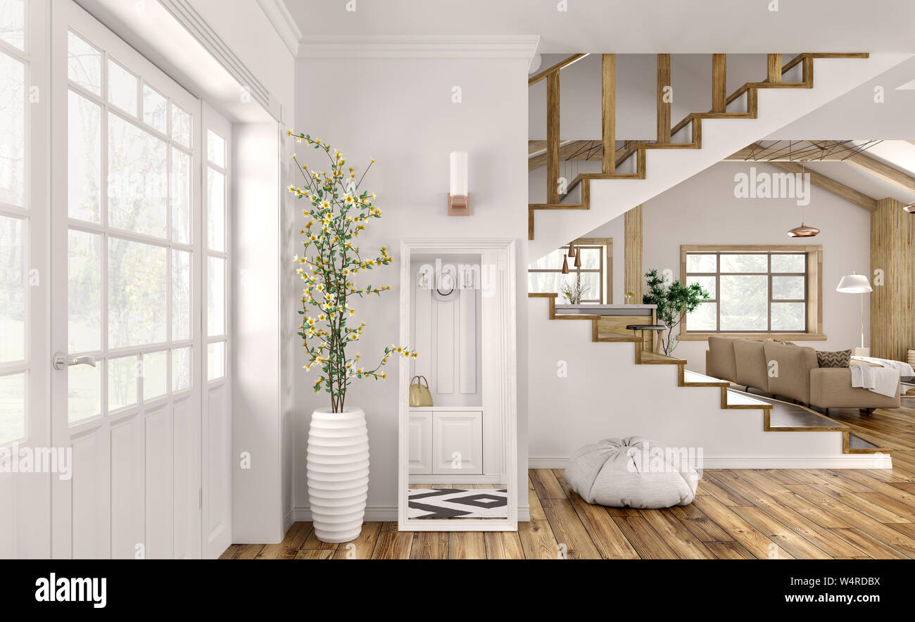 Modern Interior Design Of Hall Living Room With Staircase