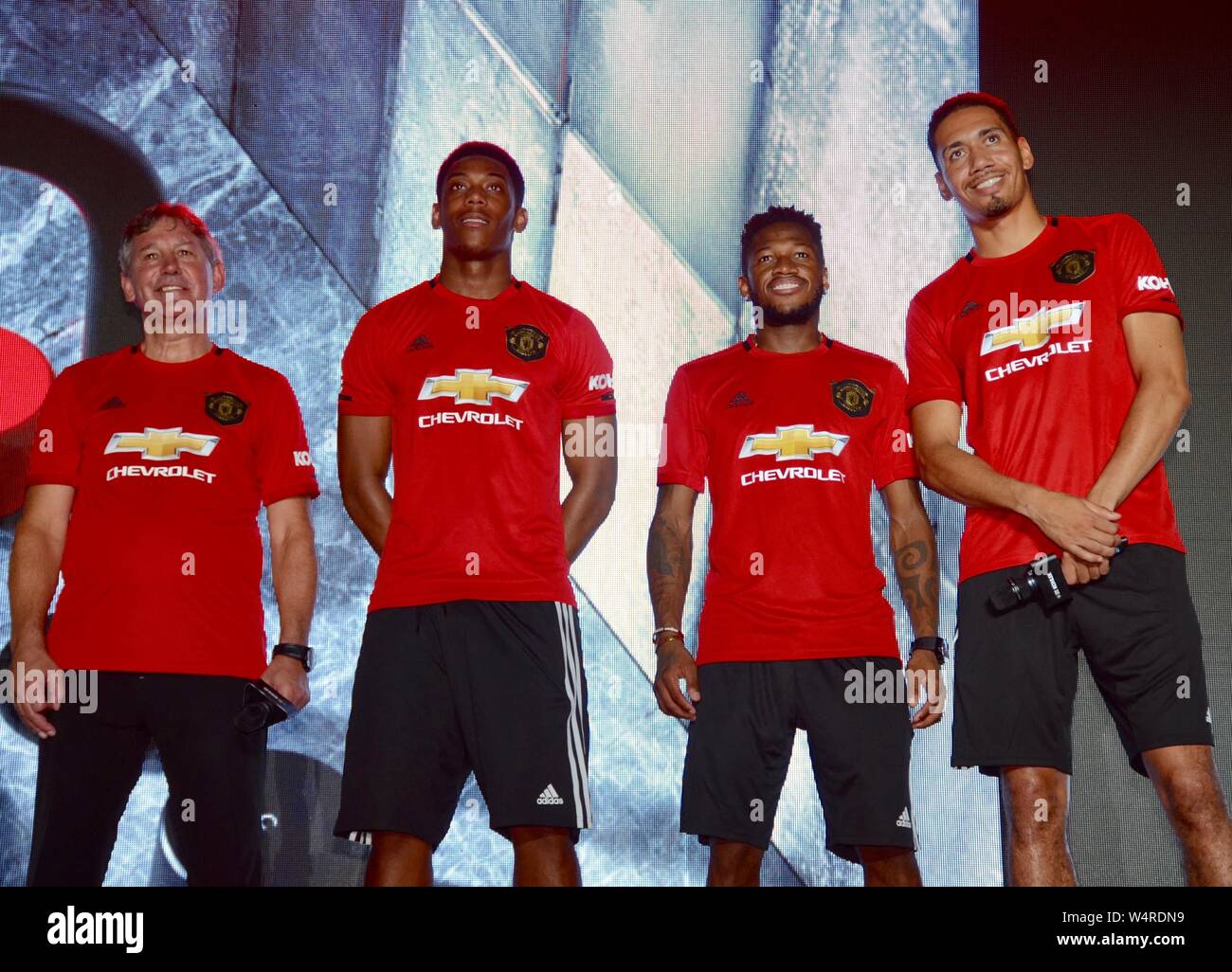 (From left) English football manager Bryan Robson, French football player Anthony Martial, Brazilian football player Fred, and Chris Smalling of Manchester United F.C. of Premier League attend a promotional event for Kohler during 2019 pre-season tour in Shanghai, China, 23 July 2019. Stock Photo