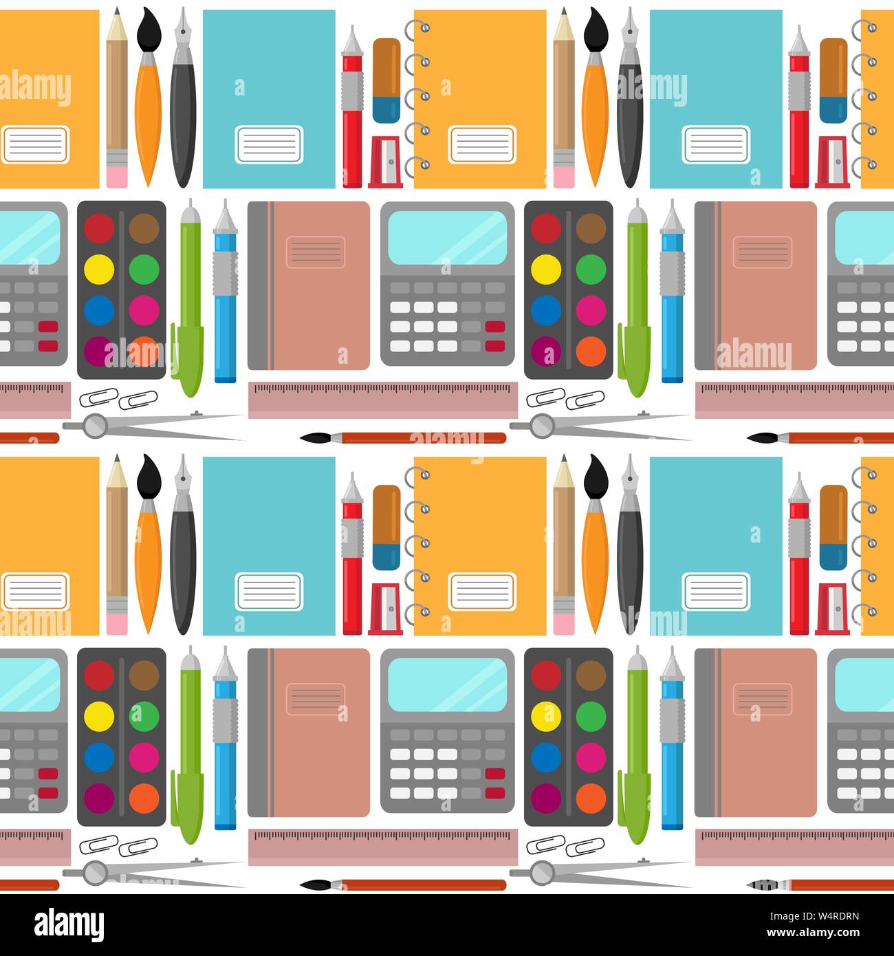 vector seamless pattern with different stationery: notebooks, pens, pencils, rulers, paints, brushes and clips Stock Vector