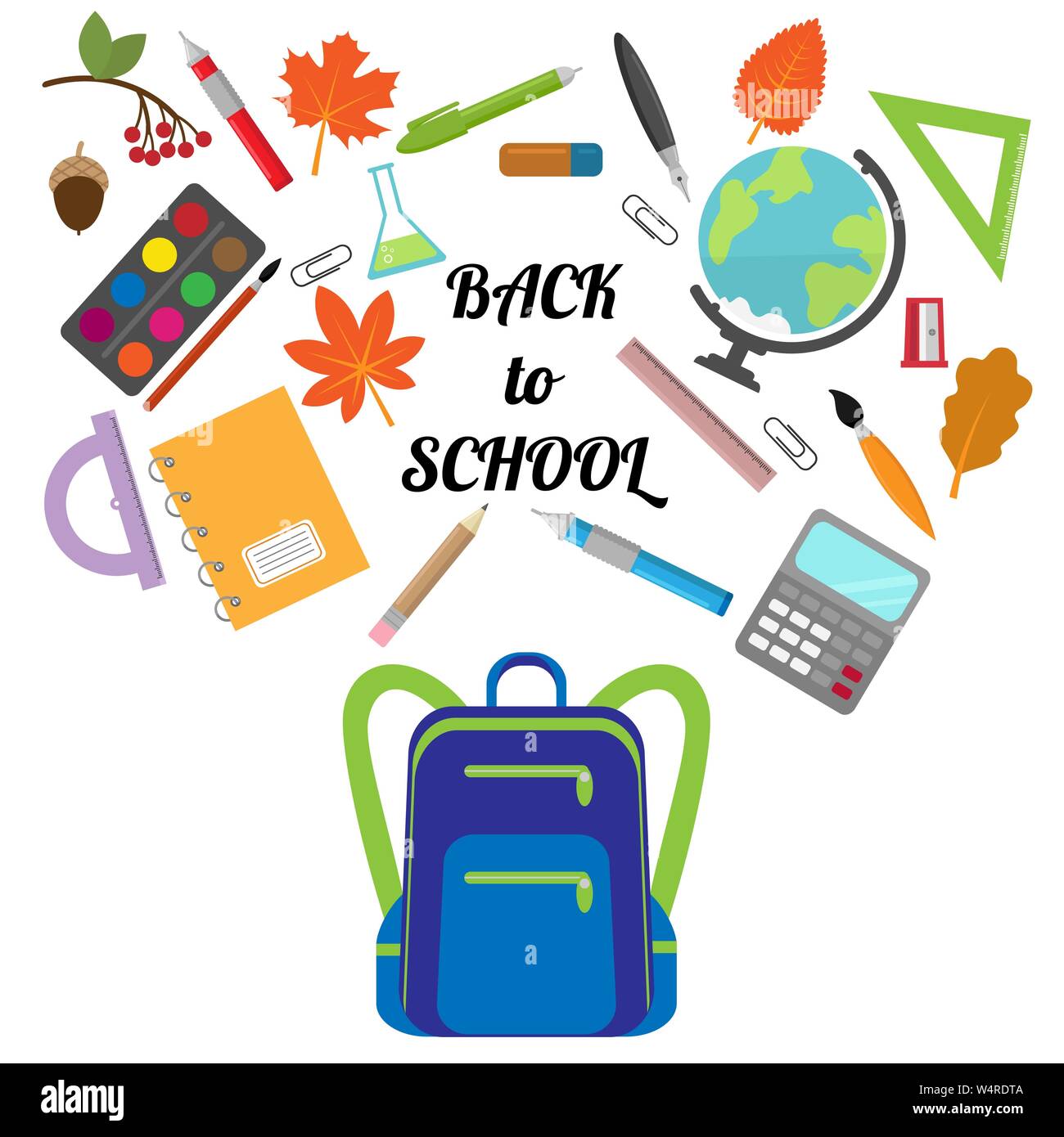 vector background withbackpack, different stationery and slogan 'back to school' Stock Vector