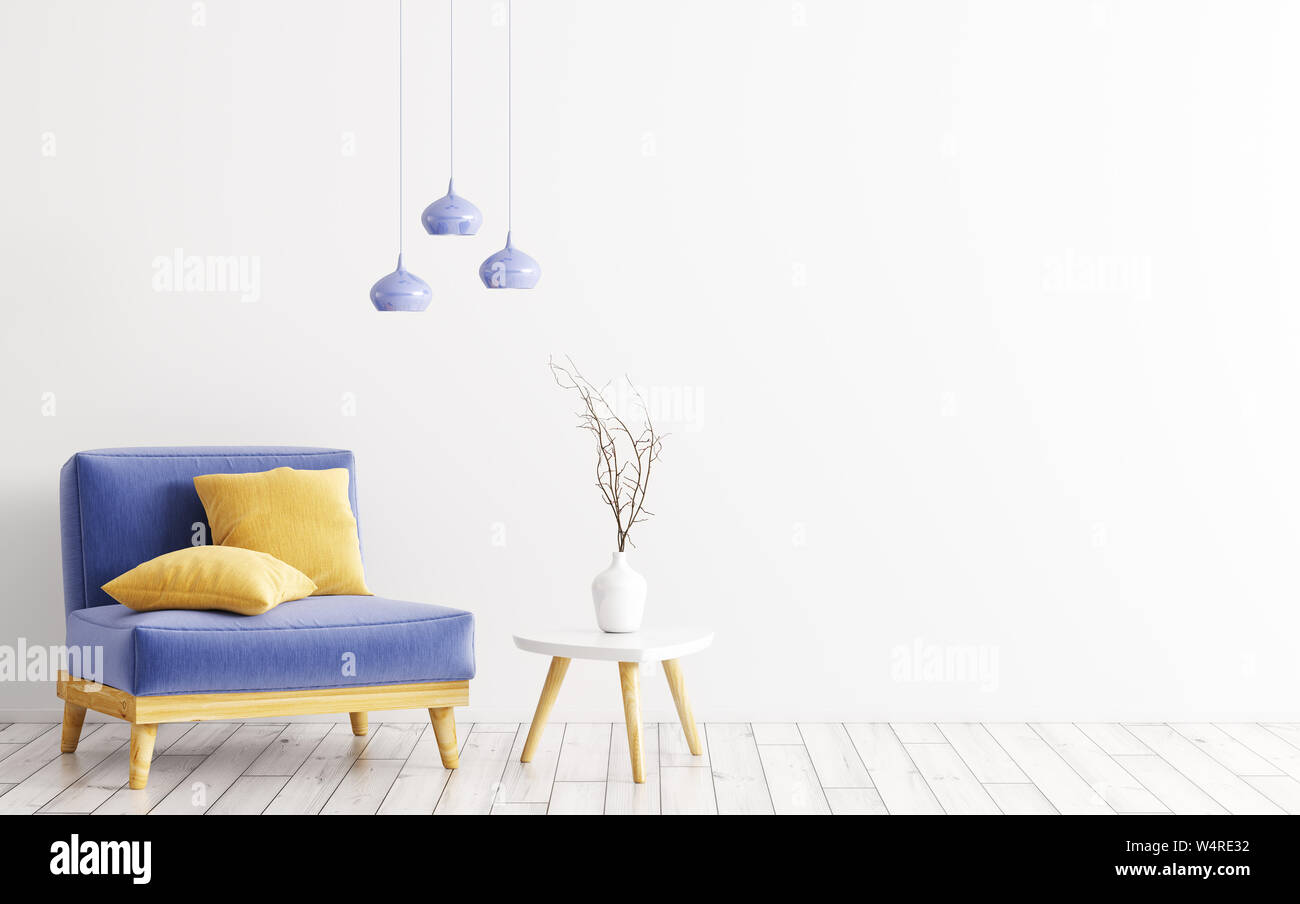 Interior of living room with blue velours armchair, yellow cushions, wooden coffe table with vase and lamps over white wall 3d rendering Stock Photo