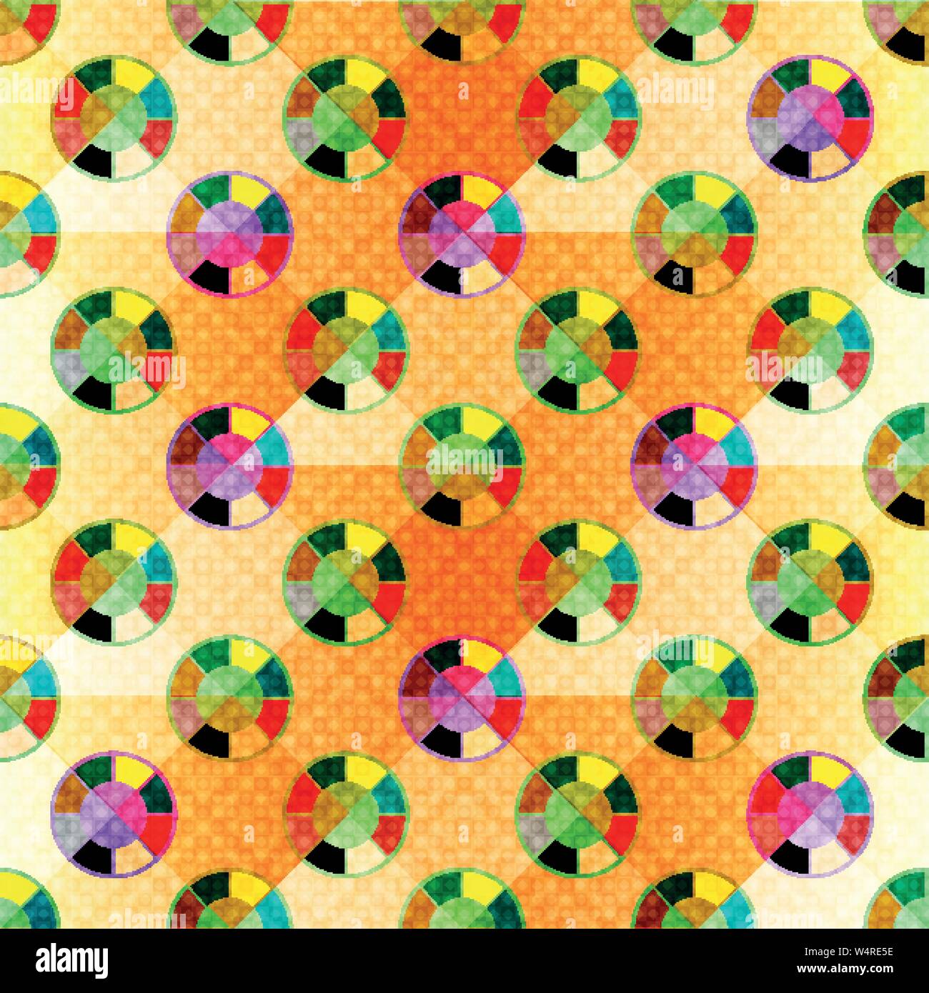 colored small circles on an orange background Seamless geometric abstract pattern Stock Vector