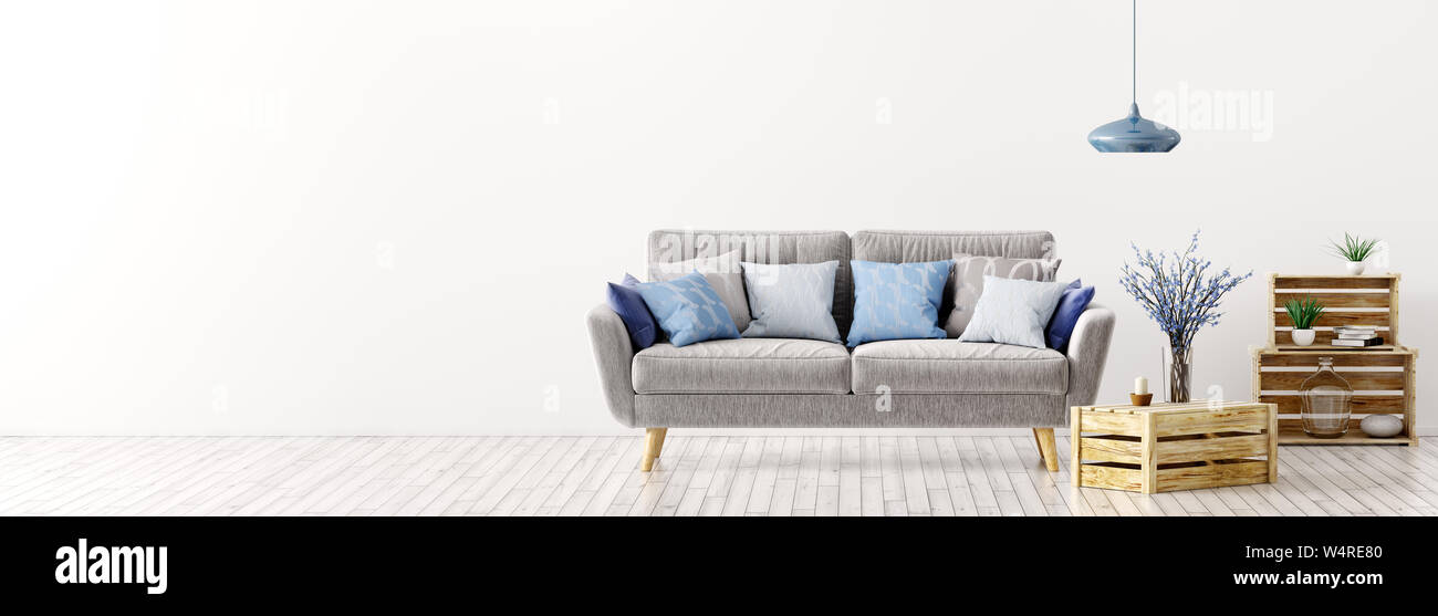 Modern interior design of living room with gray sofa and blue cushions over white wall panorama