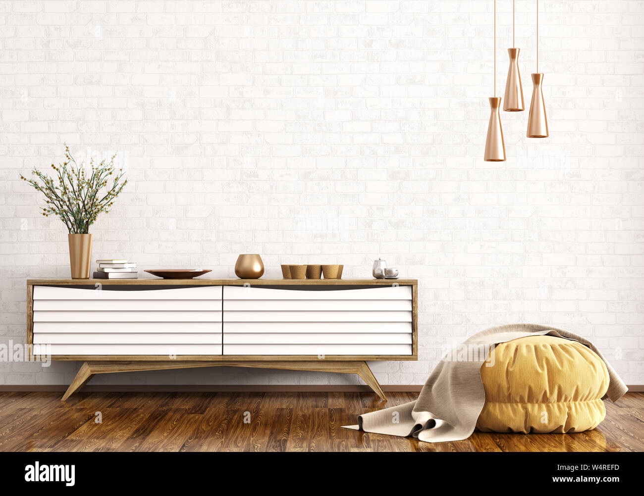 Modern interior of living room with wooden dresser and ottoman over brick wall 3d rendering Stock Photo