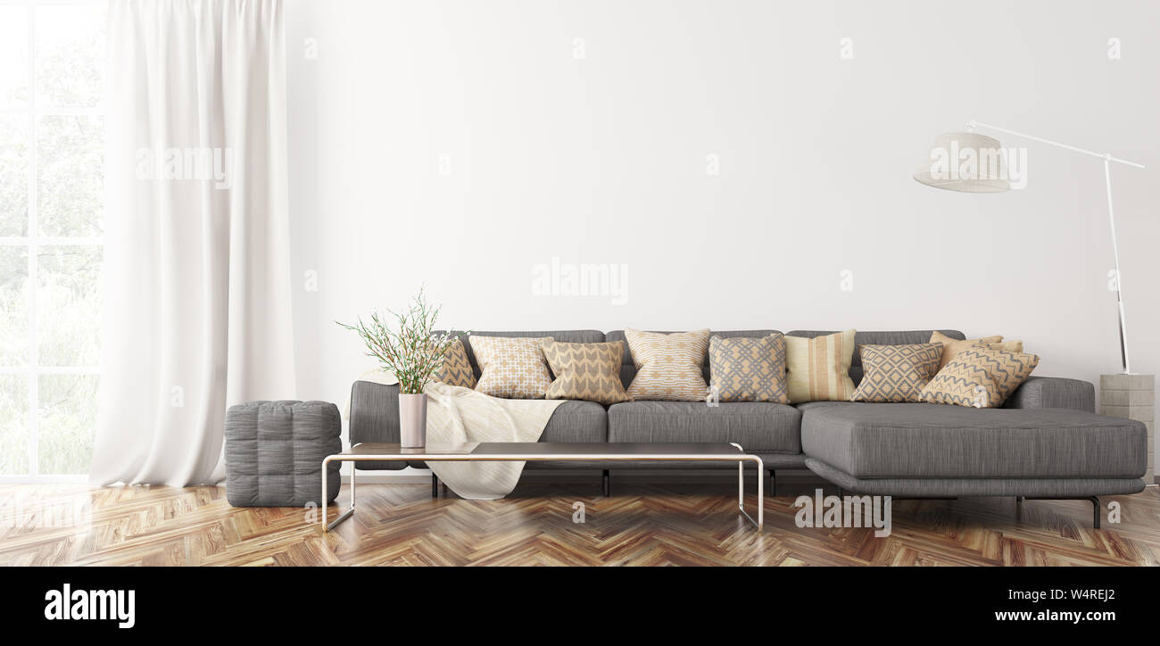 Modern interior of living room with gray corner sofa, coffee table 3d ...