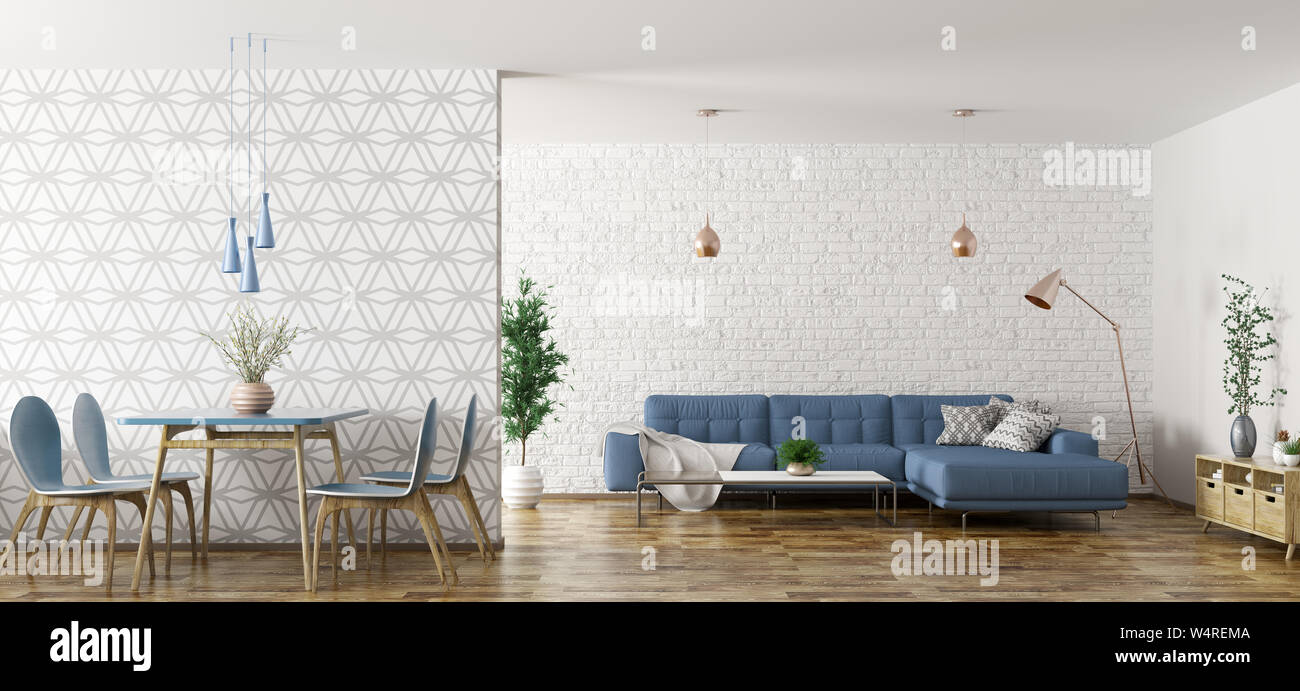 Modern Interior Of Apartment Living Room With Blue Corner Sofa
