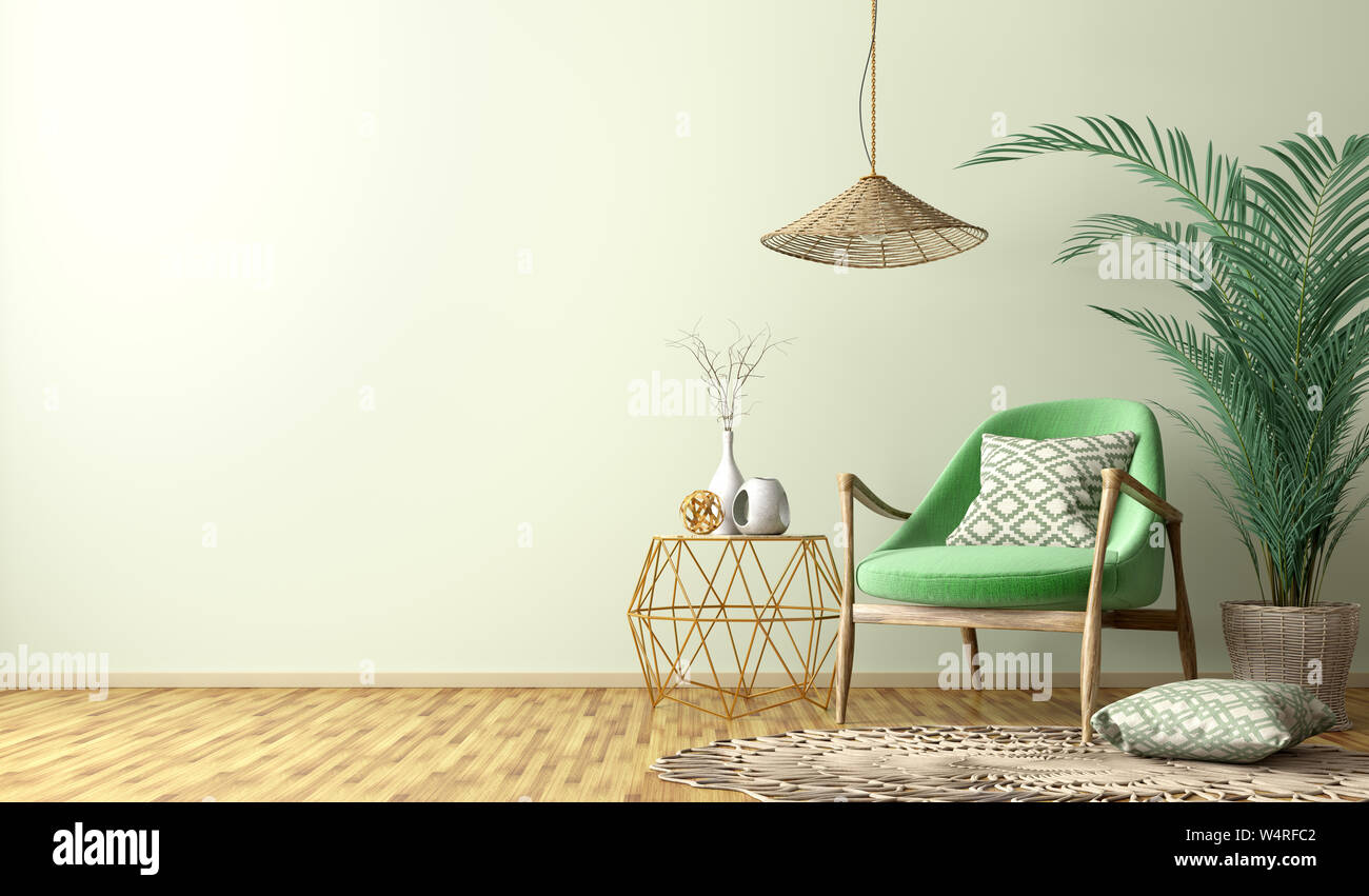 Interior of living room with golden coffee table,  green armchair, home design 3d rendering Stock Photo