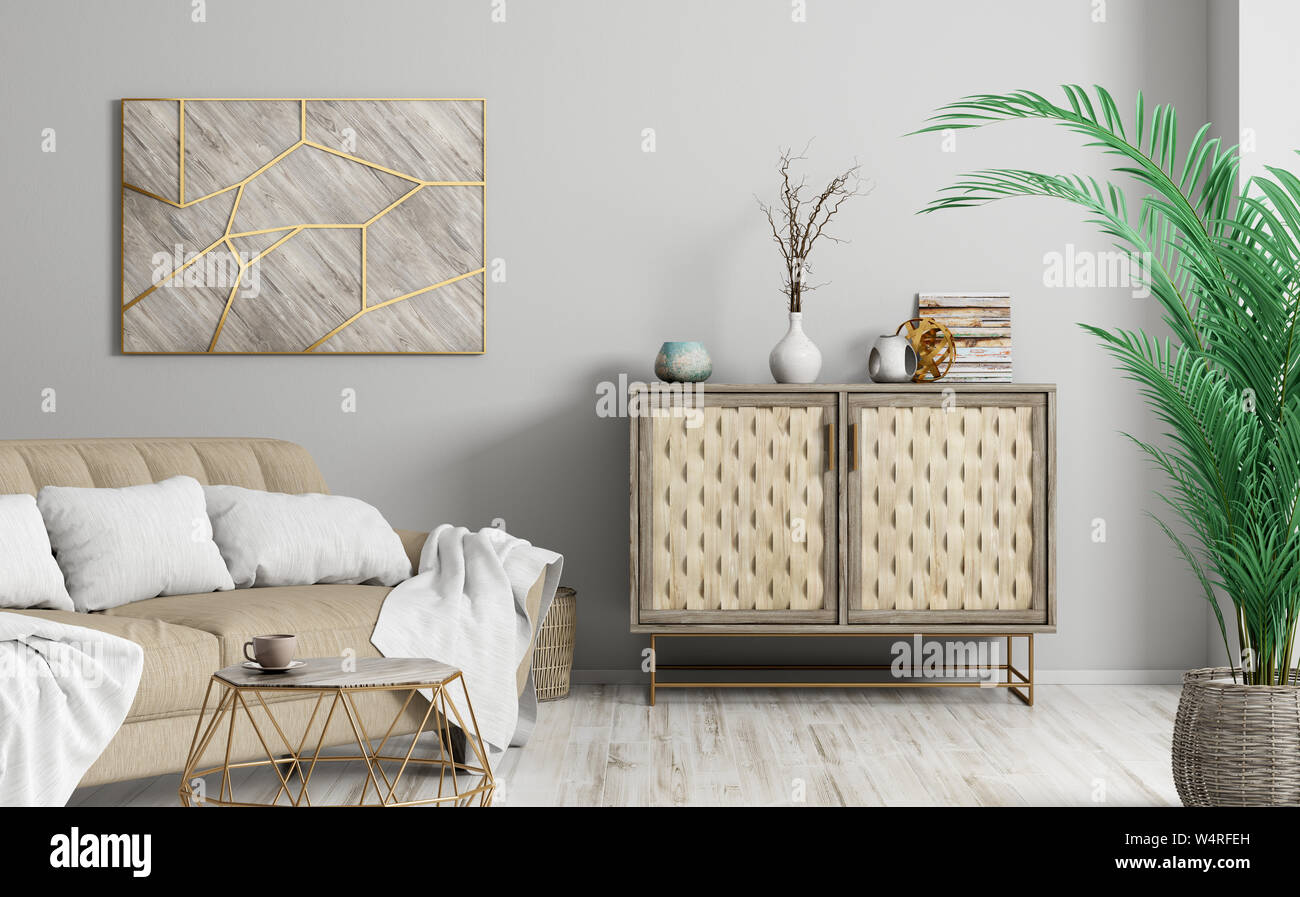 Modern interior of living room with sofa and cabinet, home design 3d