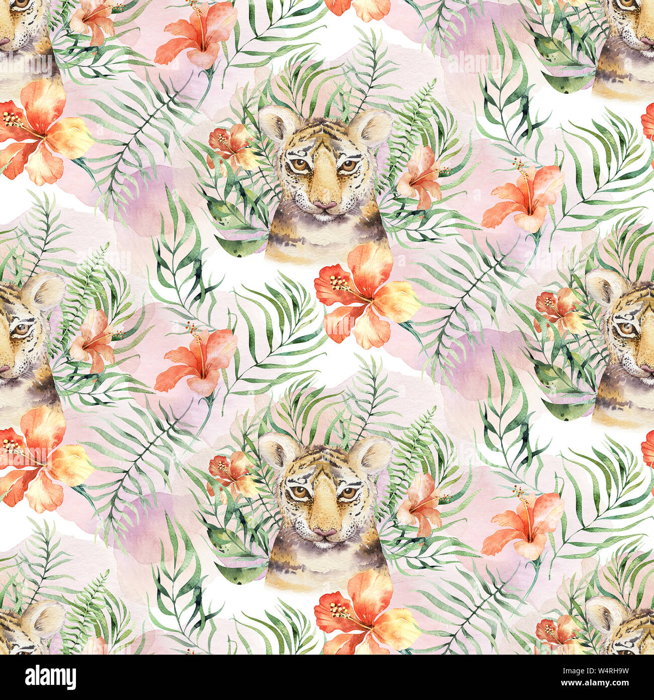 Seamless watercolor tiger pattern with tigers with tropical leaves, aloha jungle  hawaiian. Hand painted palm leaf. Texture with tropic summer backgrou Stock  Photo - Alamy