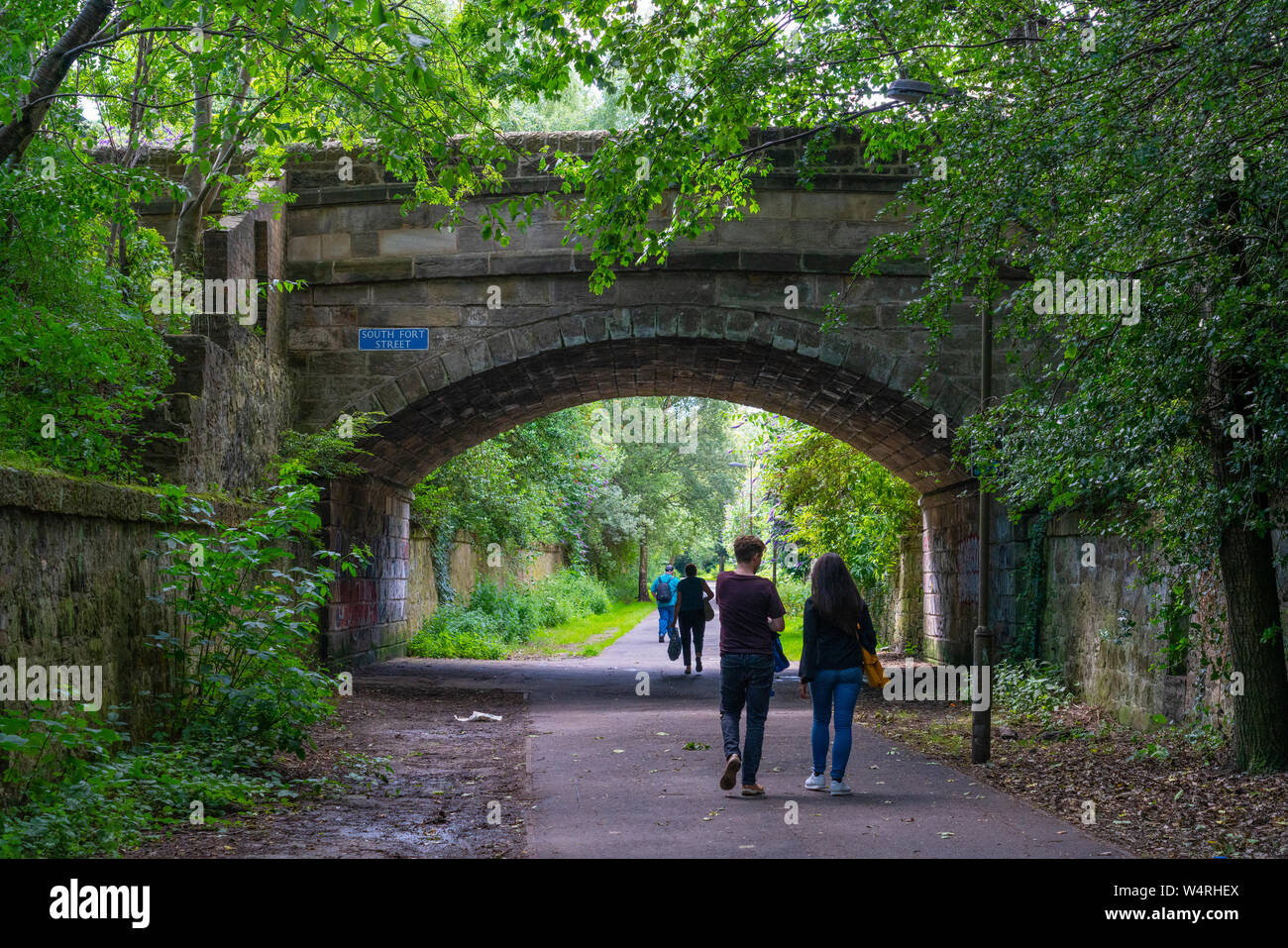 View of Water of Leith Path beside river in Leith, Scotland UK Stock Photo
