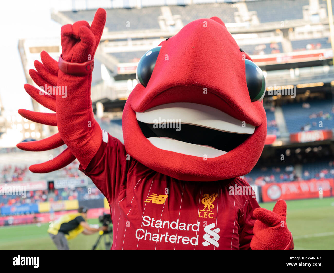 New York, NY - July 24, 2019: Sporting CP fans pose with lion Jubas mascot  of club before pre-season game against Liverpool FC at Yankee stadium game  ended in draw 2 - 2 Stock Photo - Alamy