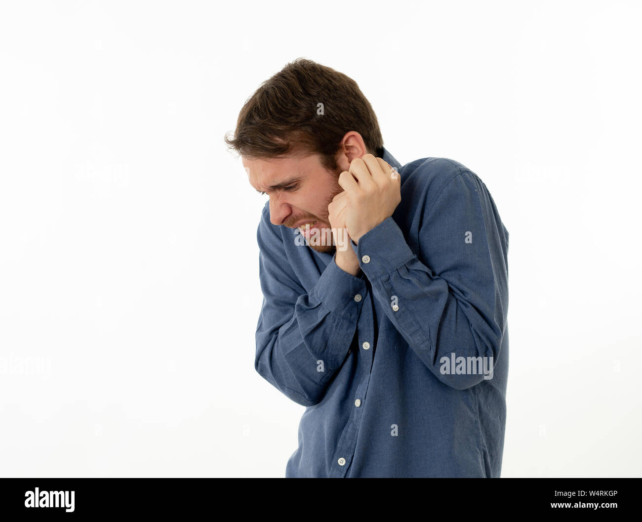 Man scared hands face hi-res stock photography and images - Alamy