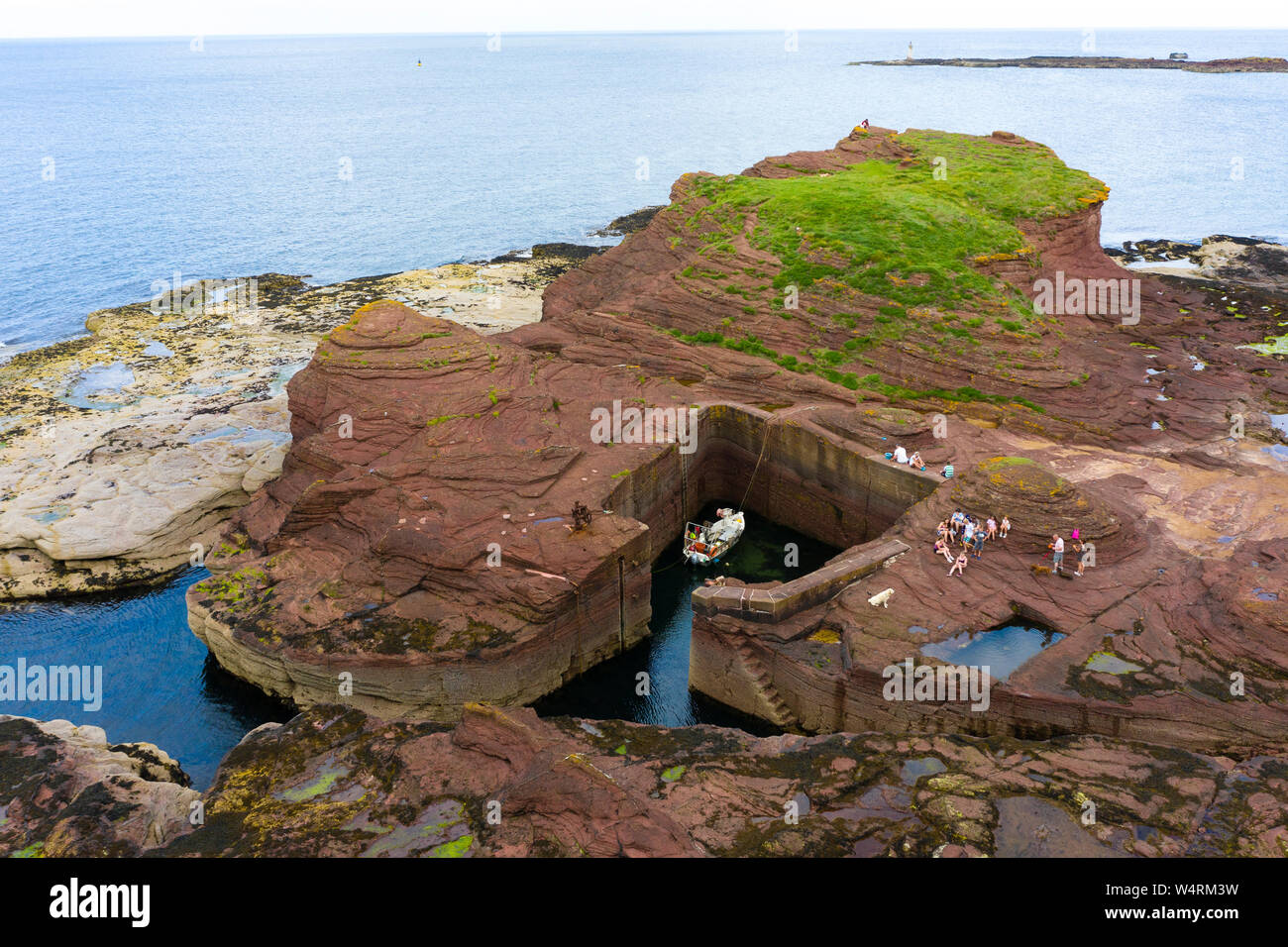 Aerial View of man made harbour at Seacliff beach in East Lothian, Scotland, UK Stock Photo