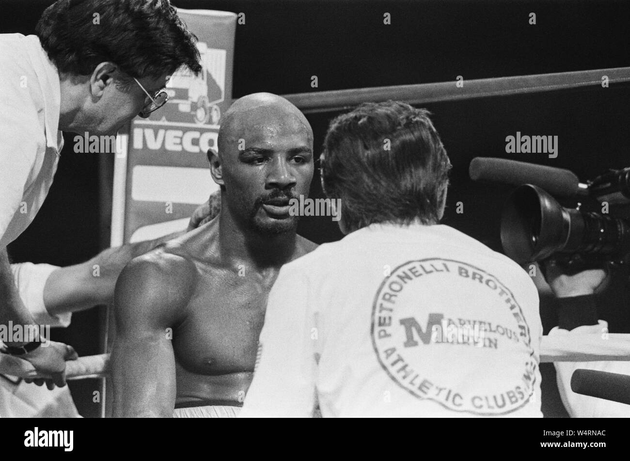 Tony Sibson relinquished his European and Commonwealth titles to ensure he got the right preparation for his tilt at Marvin Haglers WBC and WBA middleweight titles.Hagler was unbeaten in his last 30 fights leading into this contest at a sold out 14,000 capacity DCU Centre in Worcester, Massachusetts. Hagler won by TKO in round six to retain his belts. 11th February 1983 Stock Photo