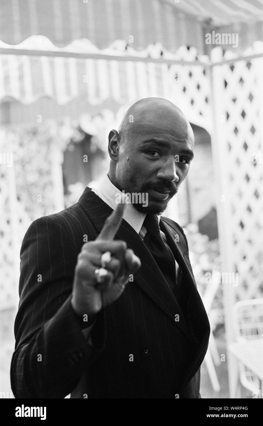 Marvin Hagler in London to challenge WBC, WBA champion Alan Minter. Hagler won by TKO in the third round. Hagler went six years undefeated before losing his titles to Sugar Ray Leonard in 1987.18th September 1980 Stock Photo