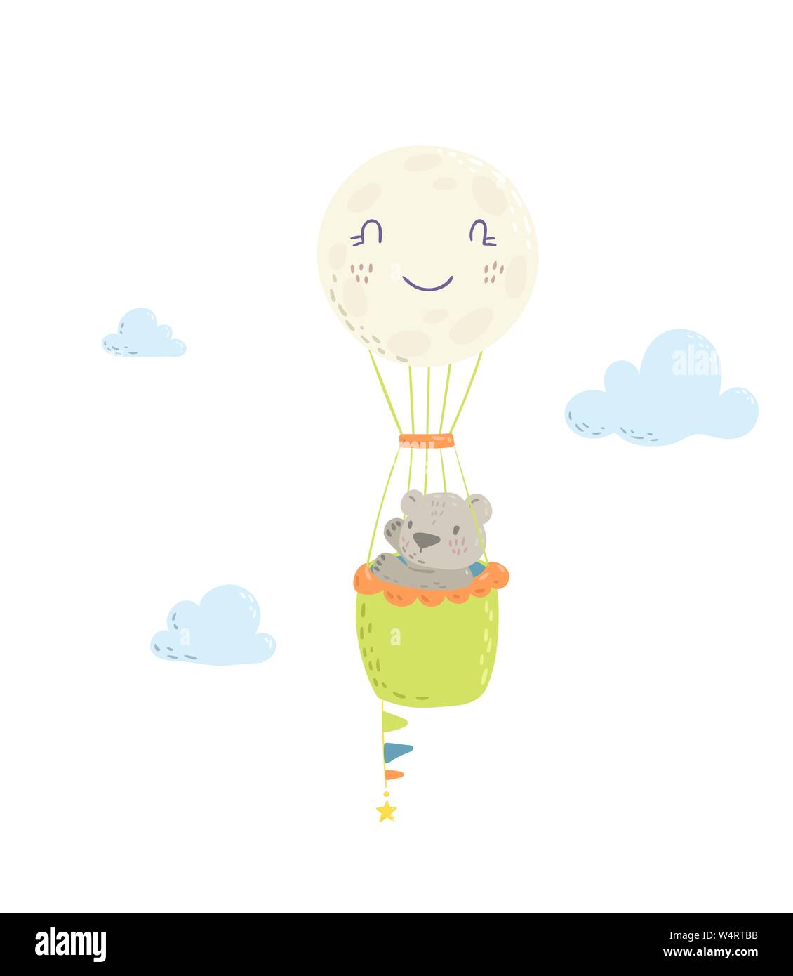 Cute bear is flying in a hot air balloon cartoon flat vector ...